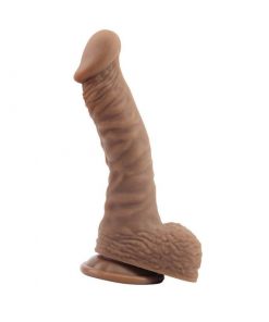 Side view of the Naked Legend Politician Brown Dildo it has testicles and a suction cup