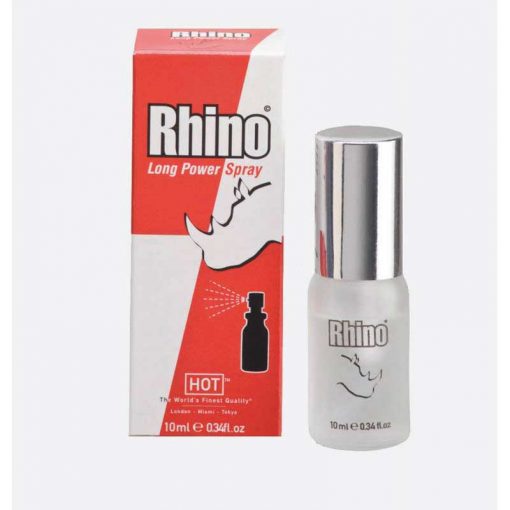 The bottle of Rhino Long Power Delay Spray with its red and white display box.