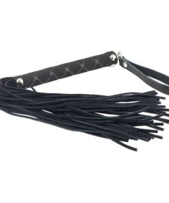 Black Bondage role play whip with design on the handle and a wrist loop