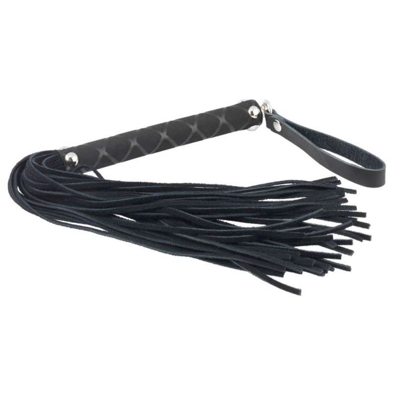 Black Bondage role play whip with design on the handle and a wrist loop