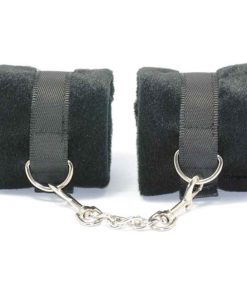 Black Furry Handcuffs With Silver Metal Chain