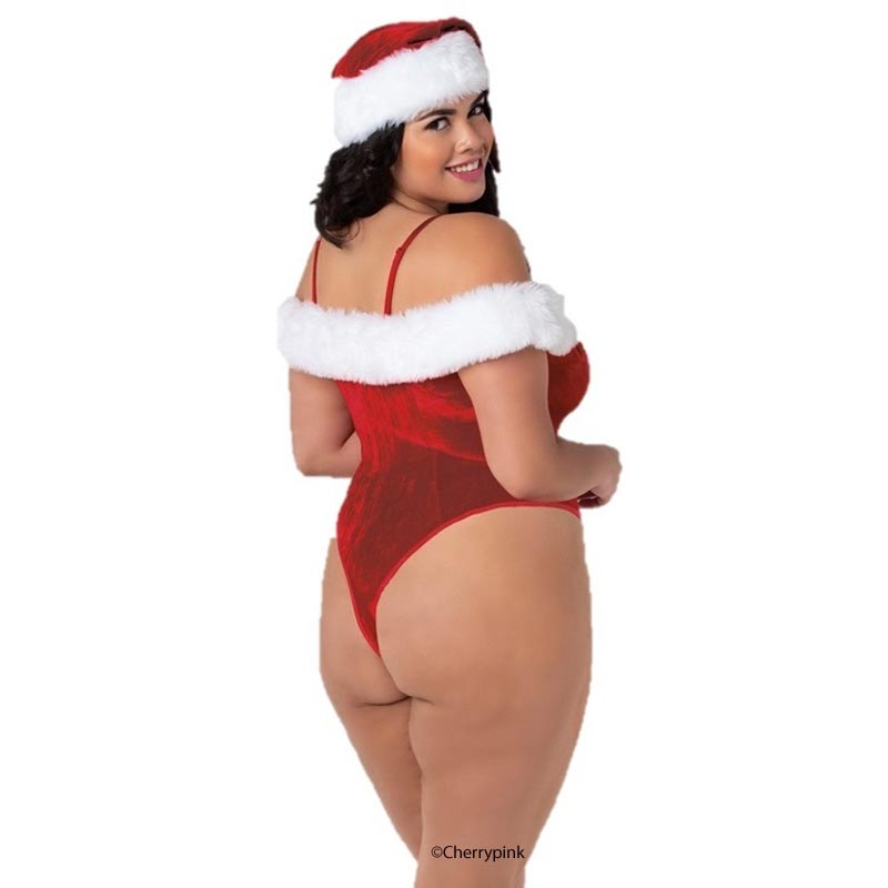 Dreamgirl Off The Shoulder Plus Size Christmas Teddy on a model showing the back view.