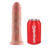 King Cock Strap-On Harness With 8 Inch Cock Flesh Dildo beside a Drinks Can.
