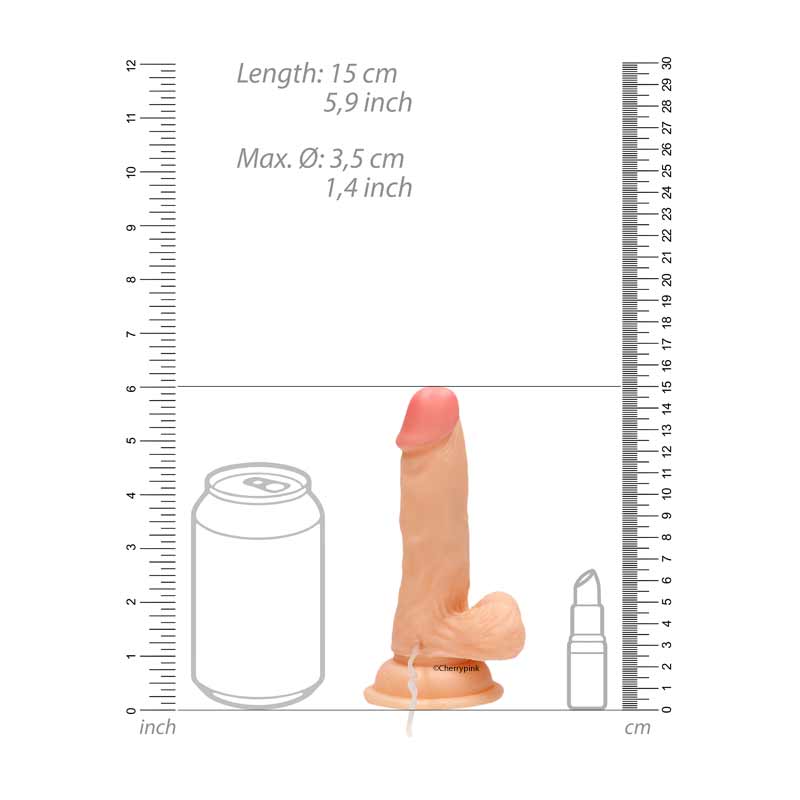A sizes chart showing the sizes of the Realrock Vibrating Realistic Cock.