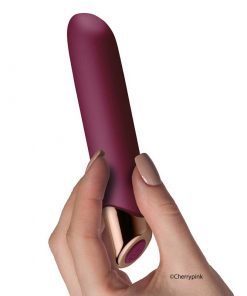 Rocks-Off Chaiamo Burgundy Vibrator in a females hand