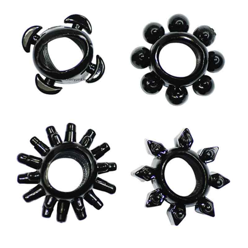 Four Black Cock Rings on a white background.