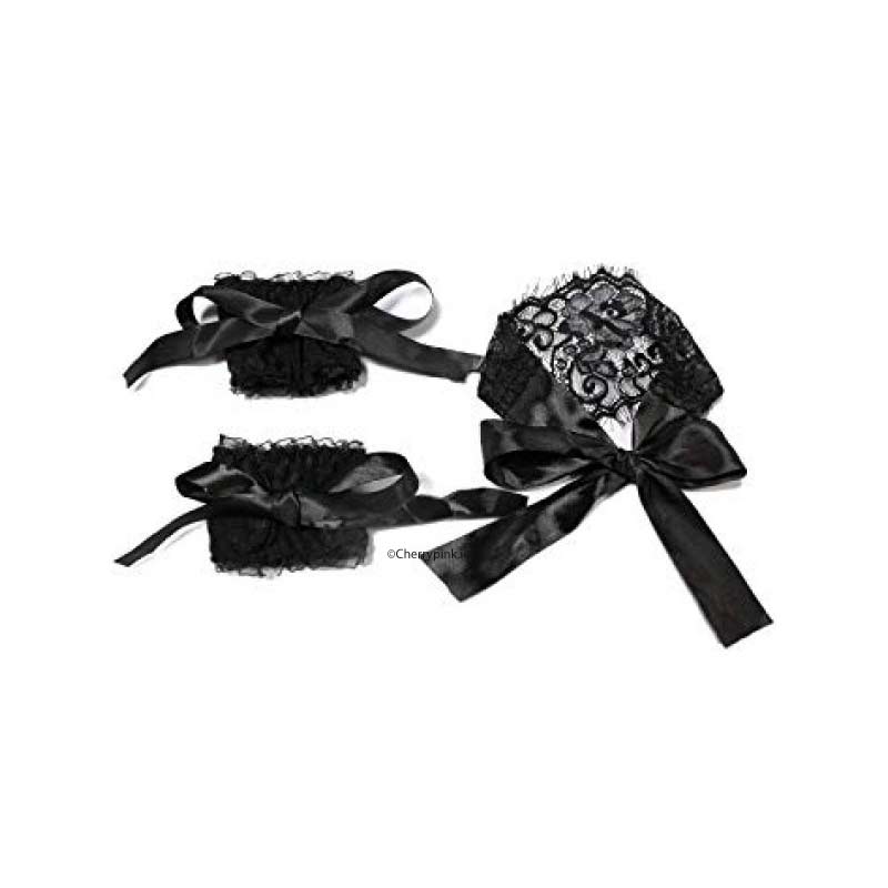Black Lace Mask and Wrist Restraint Set on a white background.