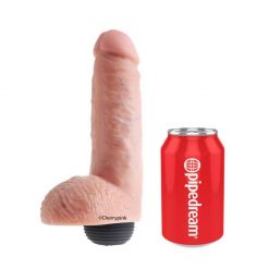 King Cock 8" Squirting Cock with Balls Standing with a Soft Drink Can