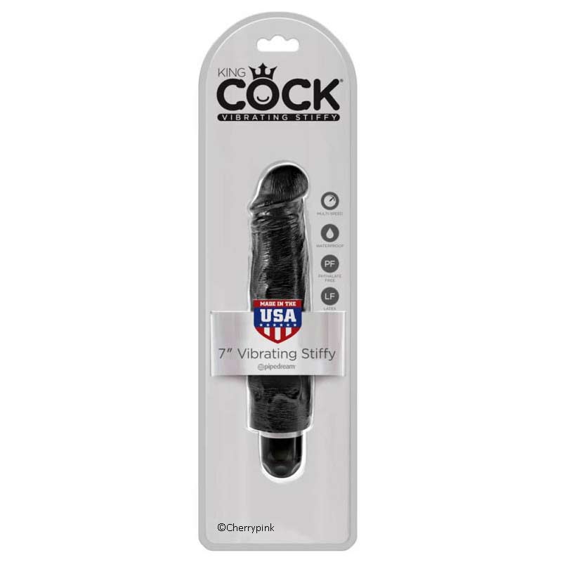 King Cock Vibrating Stiffy Black Realistic Dildo Outer Packet.
