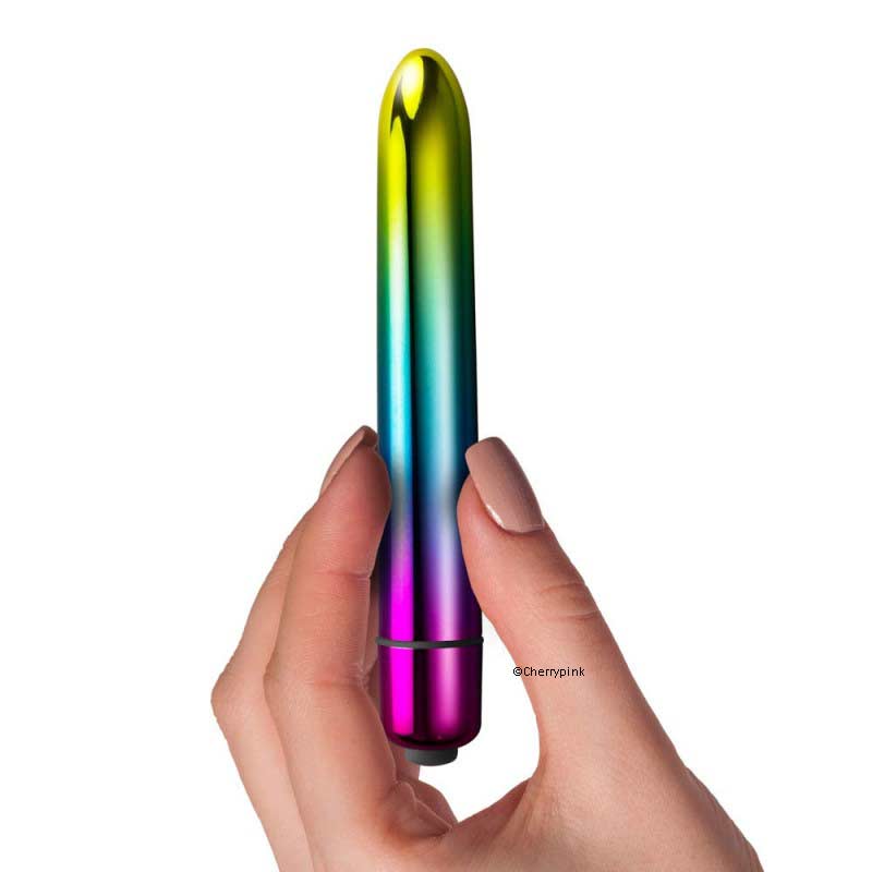 Rocks Off Prism Vibrator Metallic Rainbow in a models hand.