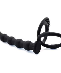 Silicone Anal Beads with 2 Cock Rings Black.