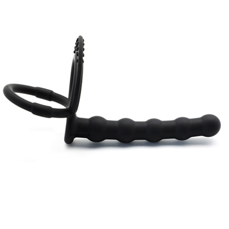 Silicone Anal Beads with 2 Cock Rings Side View.