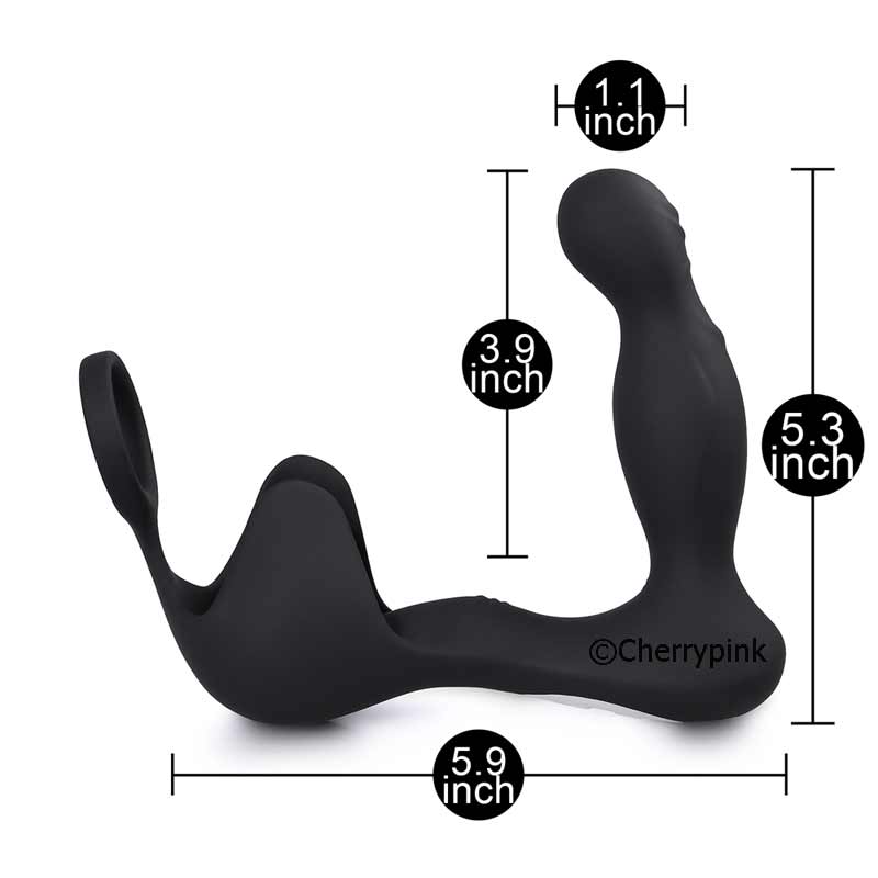 The black silicone prostate massager with all its sizes on a white background.
