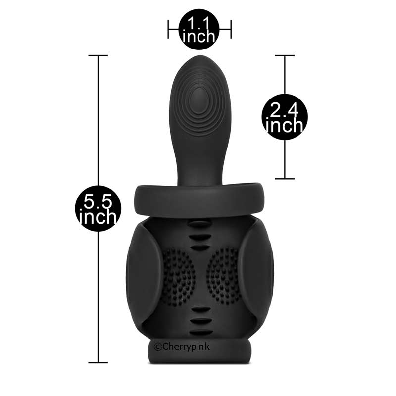 Silicone male massager with ball holder and cock rings with all its sizes on a white background