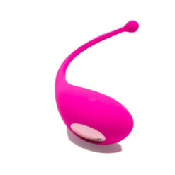 The pink egg vibrator with its long removeal cord sitting on a white background