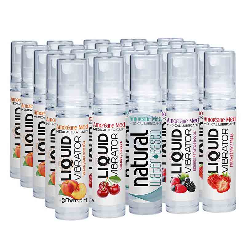 All the different flavours in 10 ml Bottles standing on a white background