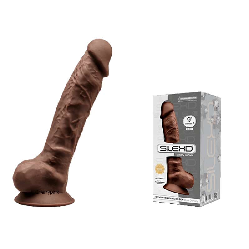 SilexD 9 Inch Dual Density Realistic Dildo Brown and Outer Box