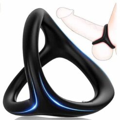 3-in-1 Ultra Soft Cock Ring Black With a Drawing Of It Fitted On a Penis and Testicles