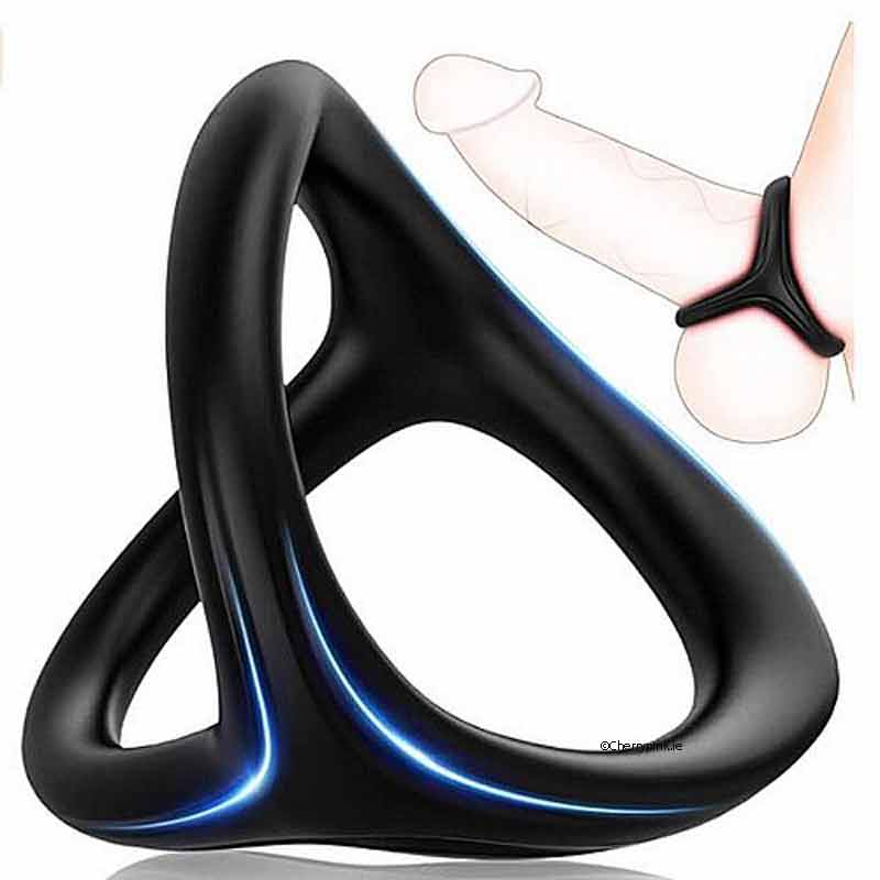 3-in-1 Ultra Soft Cock Ring Black With a Drawing Of It Fitted On a Penis and Testicles