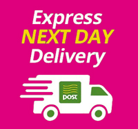 Delivery Information Cherry Pink Express Next Day Delivery wrote on a green background and a An Post Van.