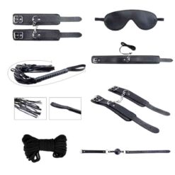 The Secret Desires BDSM Kit of Blindfold, Collar, Cuffs, Rope and Whip.