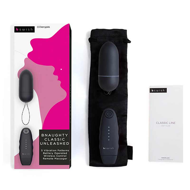 The B Naughty Classic Unleashed Remote Massager Box Bag and Instructions.