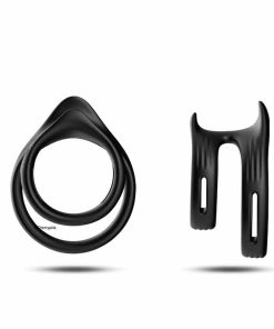 Black Silicone Dual Penis Ring Side and Front View.