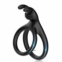 Dual Cock Ring With Rabbit Ears In Black Silicone
