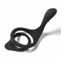 The Black Silicone Dual Penis Ring with Splashes of Water on it.
