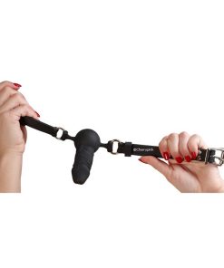 Bad Kitty Silicone Dildo Mouth Gag Black in a pair of female hands.