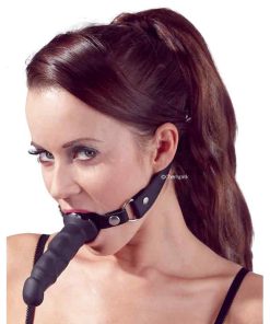 The Black Knebel Dildo Mouth Gag on a Female Model.