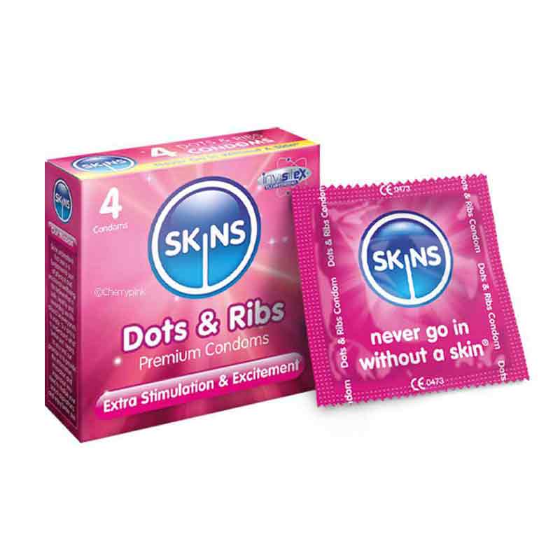 Skin Condoms Dots and Ribs 4 Pack Box and single condom.