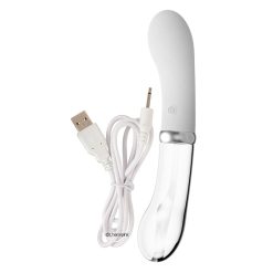The Rechargeable Vibrator standing on a white background with its white charging cable.