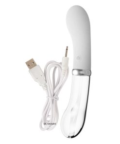 The Rechargeable Vibrator standing on a white background with its white charging cable.