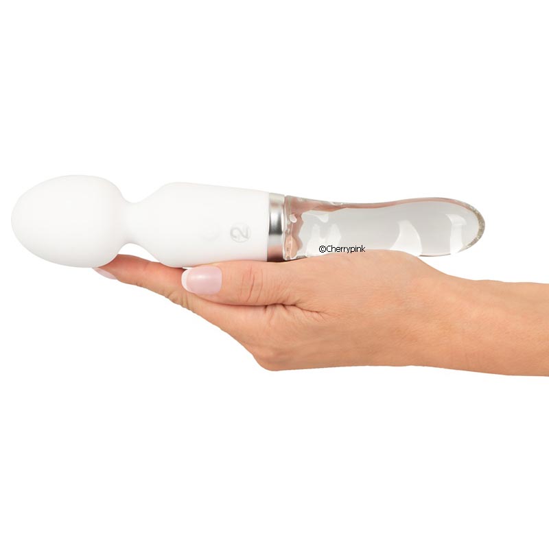 A Hand Holding the silicone and glass LED Vibrator