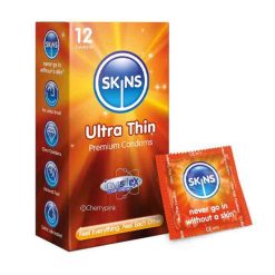 Ultra Thin 12 Pack rubbers Outer Box and Single Condom standing on a white background