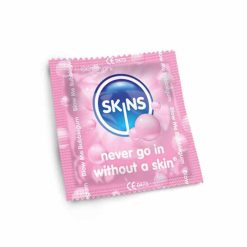 A single bubble gum flavoured condom on a white background.