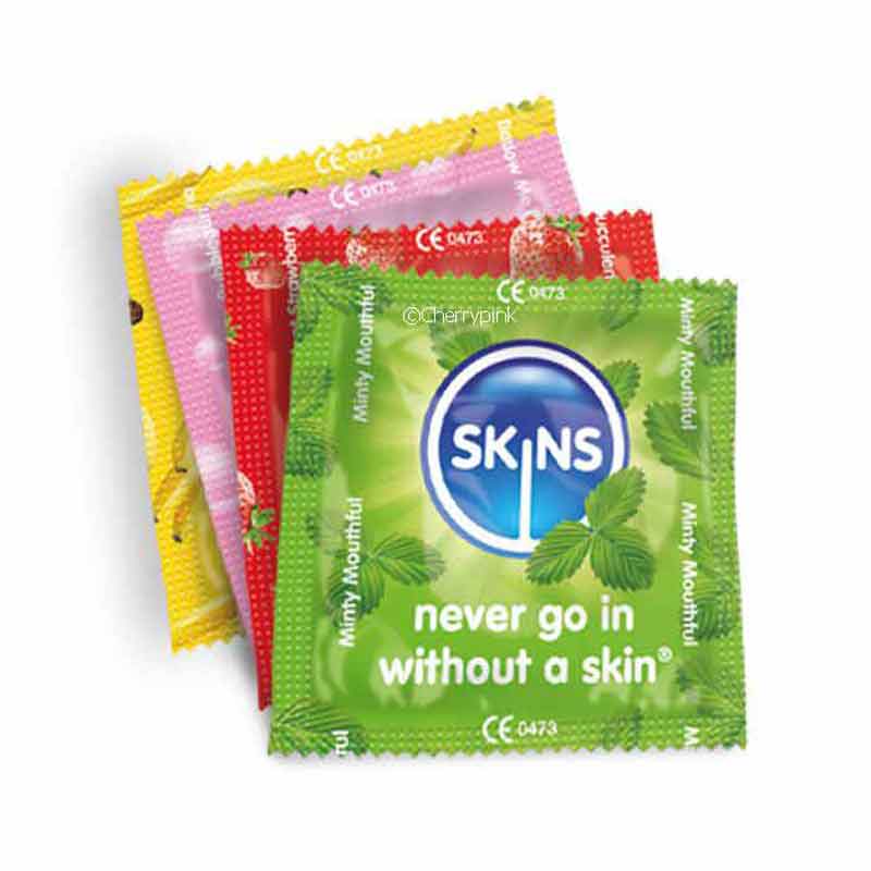 Skins Flavoured Condoms 12 Pack. Four Single Condoms.