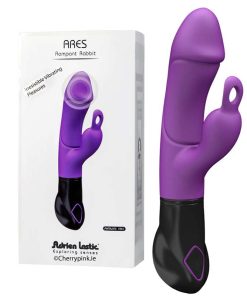 Ares Rampant Rabbit Vibrator Purple Standing With Its White Display Box