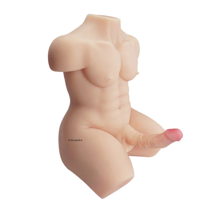 Channing Realistic Male Torso Sex Doll Sitting Down on a White Background