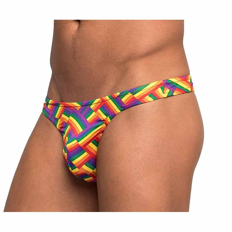 Male Power Rainbow Pride Flag Thong On A Model From The Side