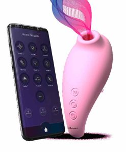 Adrien Lastic Revelation Clitoral Suction Stimulator beside a mobile phone showing the app.