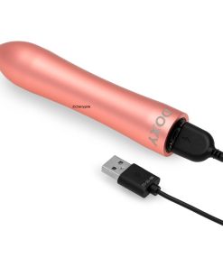 A small ping clitoral stimulator with it's rechargeable cable plugged in.