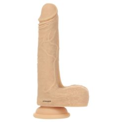 The flesh coloured dildo has testicles and a suction cup it is also fully remote controlled and is standing on a white background