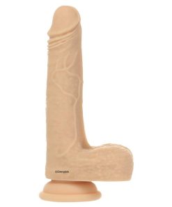 The flesh coloured dildo has testicles and a suction cup it is also fully remote controlled and is standing on a white background