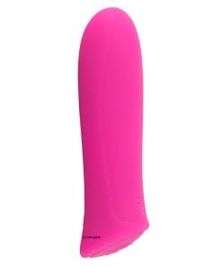 A small pink bullet vibrator standing on a white background.