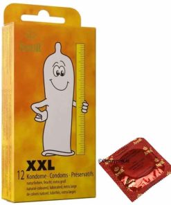 The gold coloured twelve pack of large condoms with a single condom with the box