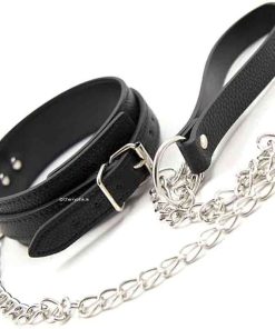 Black Bondage Collar and Lead Set on a white background.