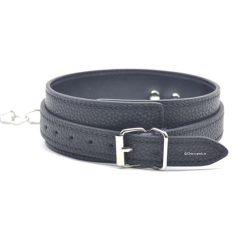 Black Bondage Collar and Lead Set Collar close up on a white background.