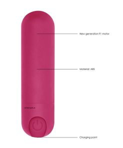 Shots Ten Speed Rechargeable Bullet Vibrator in pink point out the motor, material, and charge port.